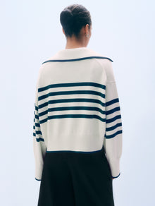Varsity Cotton Striped Polo | Ivory/Navy