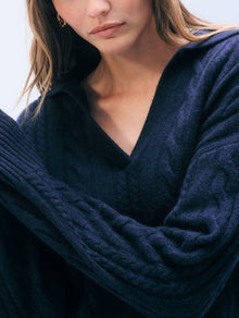 Cashmere Cable Long Sleeve Polo | Deep Navy
