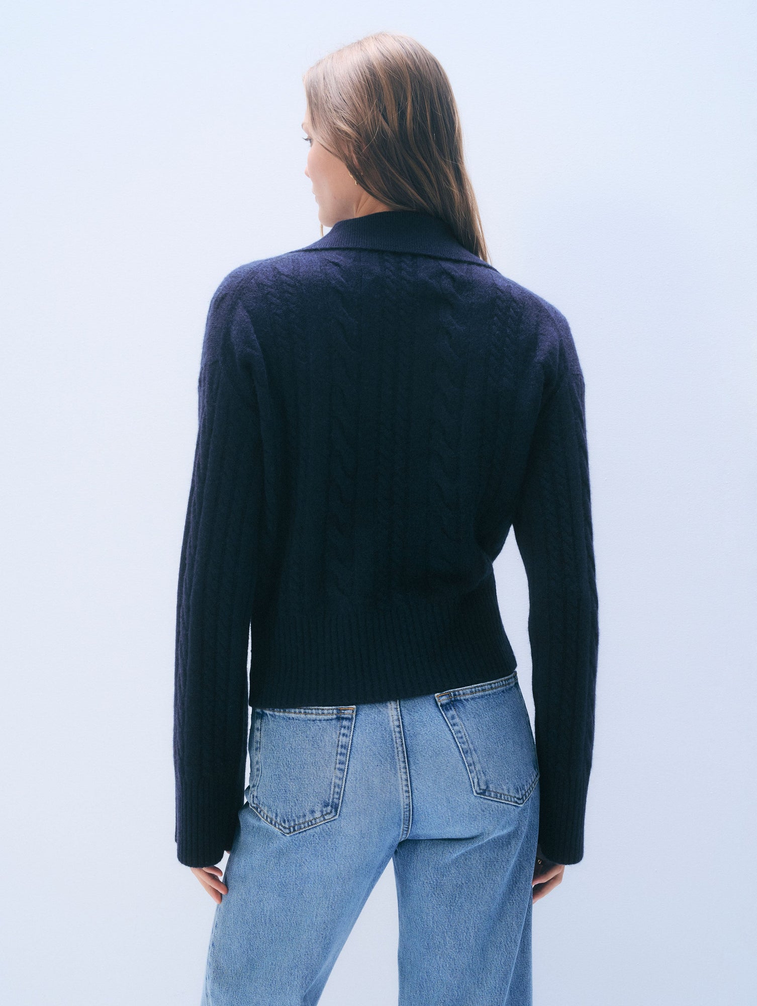 Cashmere Cable Long Sleeve Polo | Deep Navy