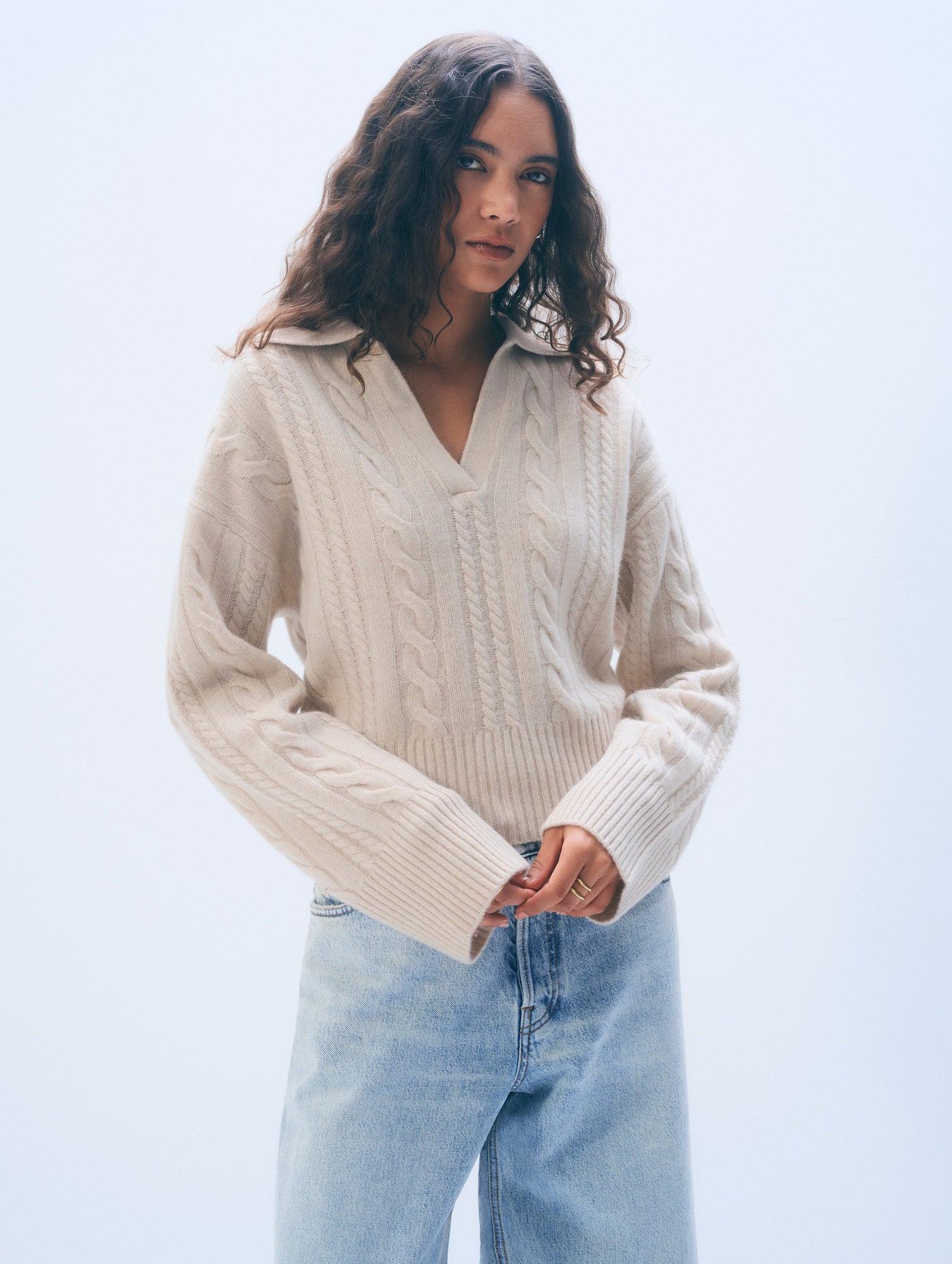Cashmere Cable Long Sleeve Polo | Natural Heather
