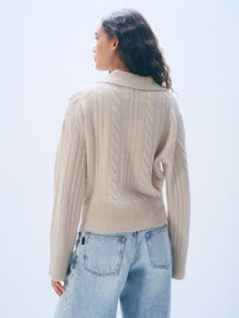 Cashmere Cable Long Sleeve Polo | Natural Heather