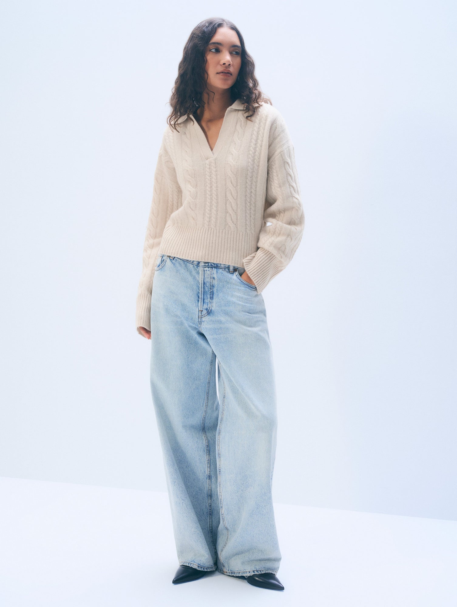 Cashmere Cable Long Sleeve Polo | Natural Heather
