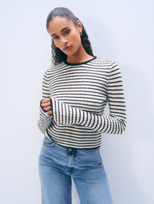 Cashmere Striped Pointelle Top | Soft White/Black