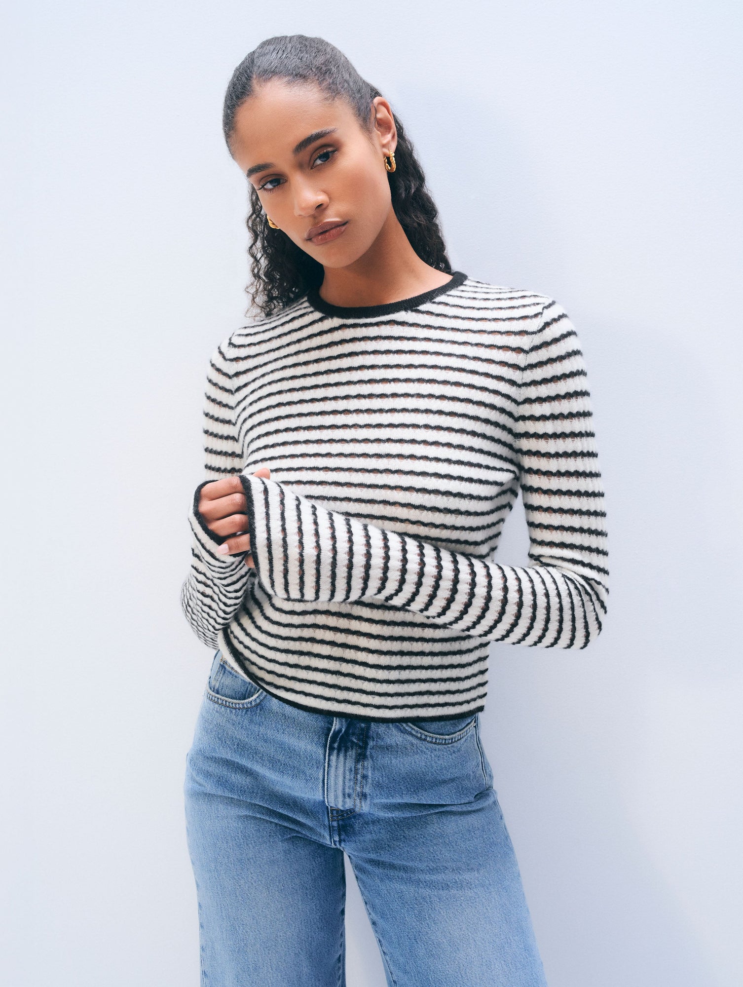 Cashmere Striped Pointelle Top | Soft White/Black