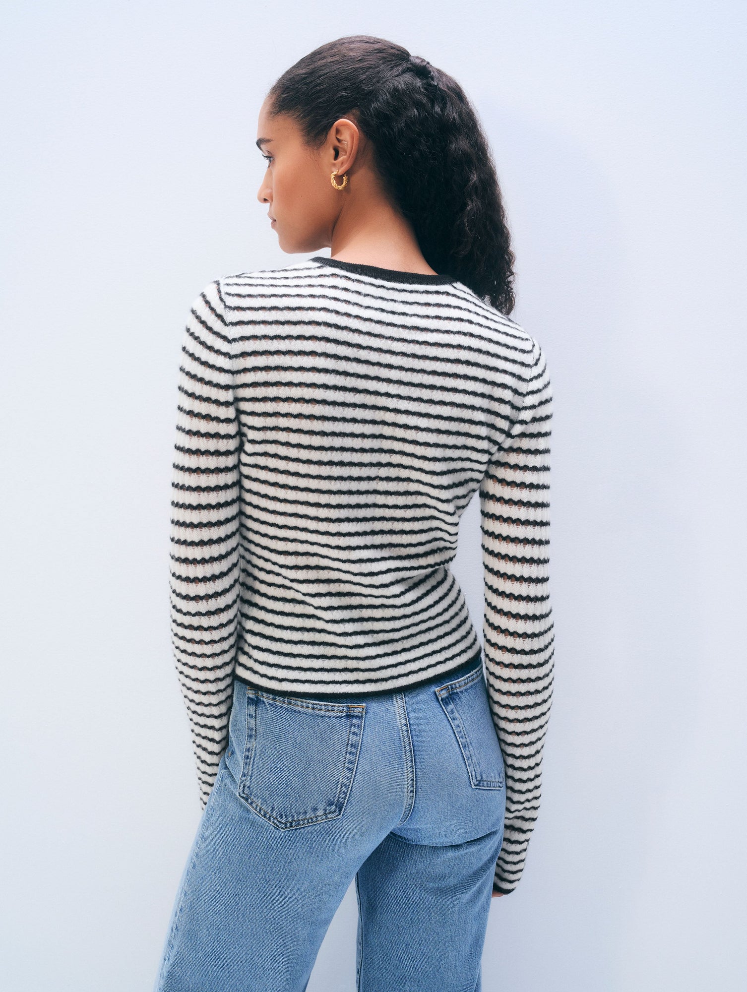 Cashmere Striped Pointelle Top | Soft White/Black