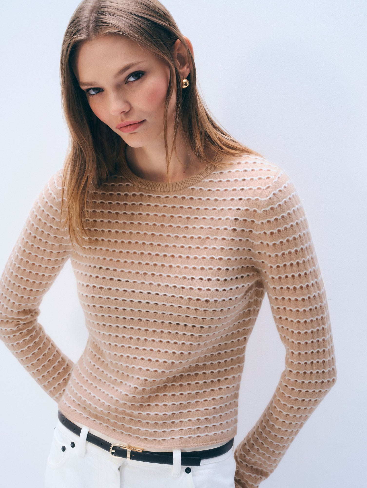 Cashmere Striped Pointelle Top | Muted Camel