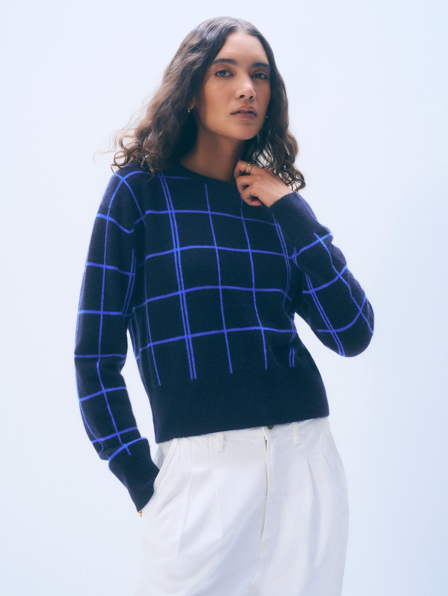 Cashmere Windowpane Crewneck | Deep Navy