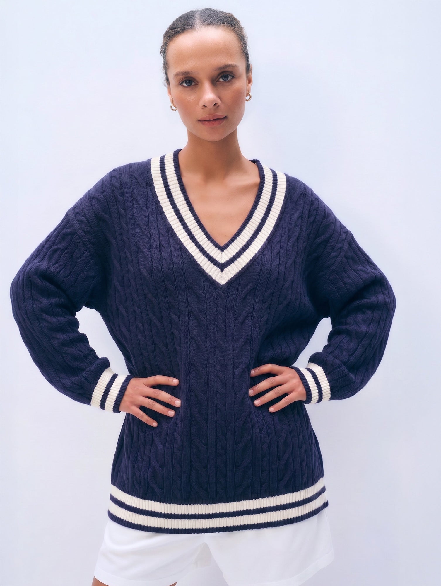 Varsity Cotton V Neck | Navy/Ivory