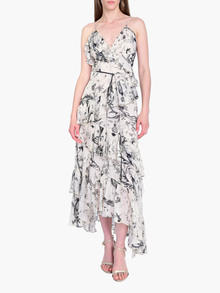 Swan Print Chiffon Ruffled Wrap Slip Maxi Dress | Stone Multi