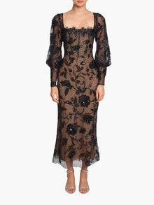 Illusion Murals Long Sleeve Corset Embellished Cocktail Maxi Dress | Black