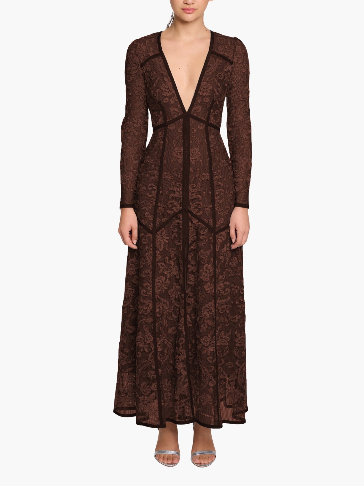 Victorian Corded Lace Deep V Button Maxi Dress | Brown