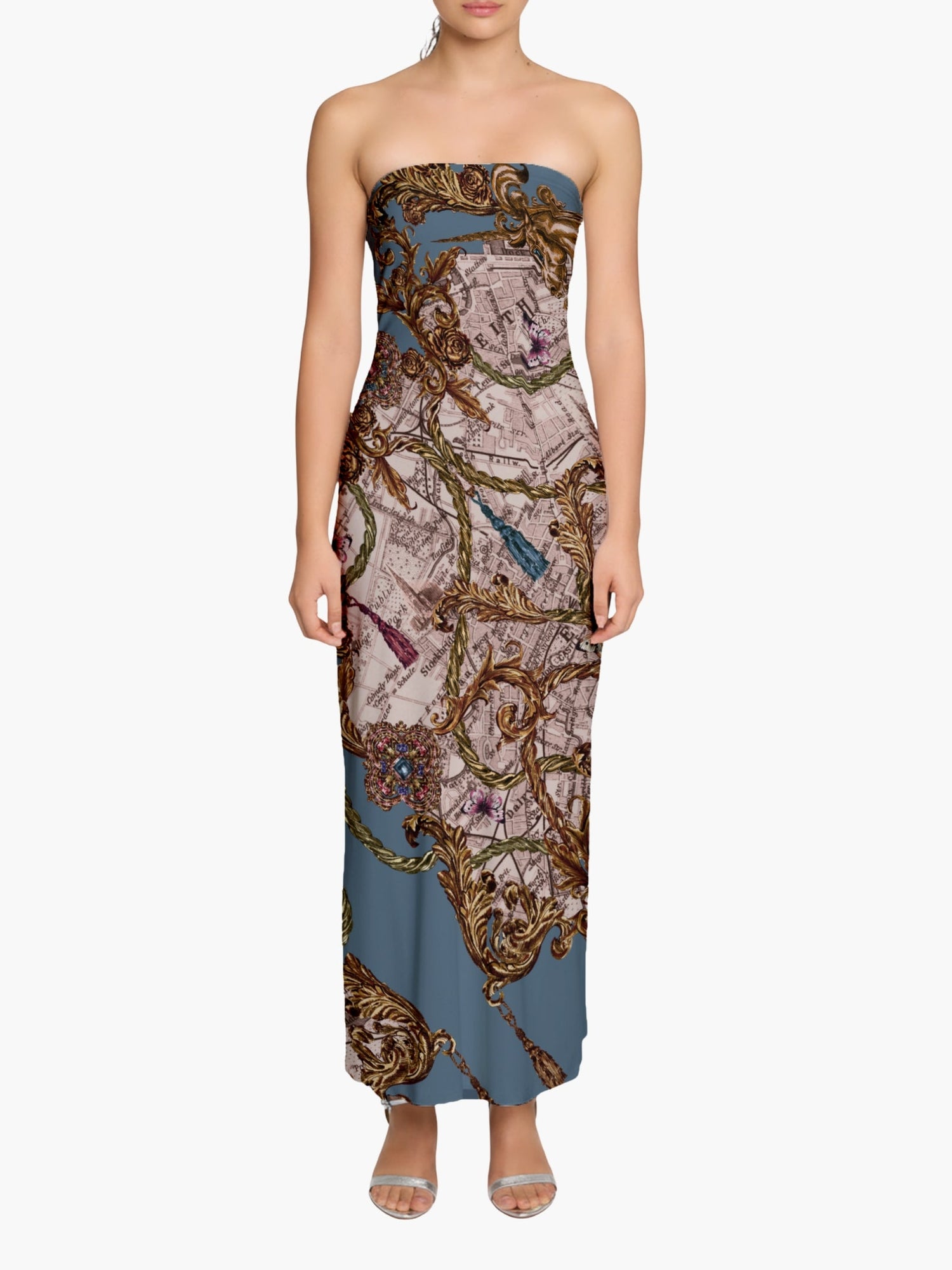 Jewel of Edinburgh Strapless Printed Midi Dress | Blue Multi