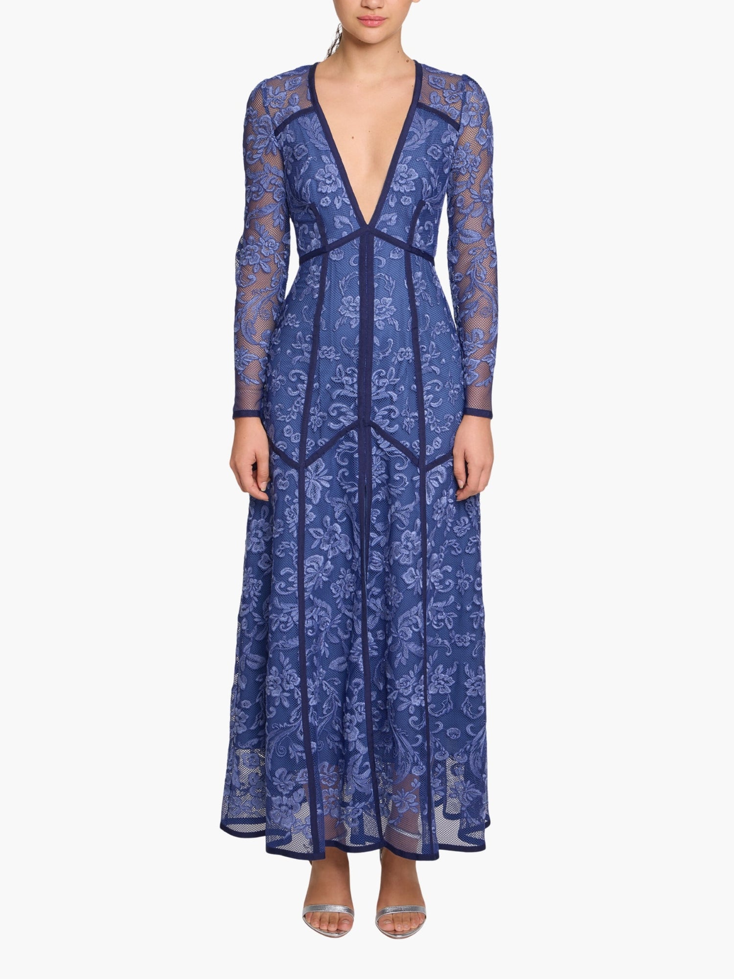 Victorian Corded Lace Deep V Button Maxi Dress | Blue
