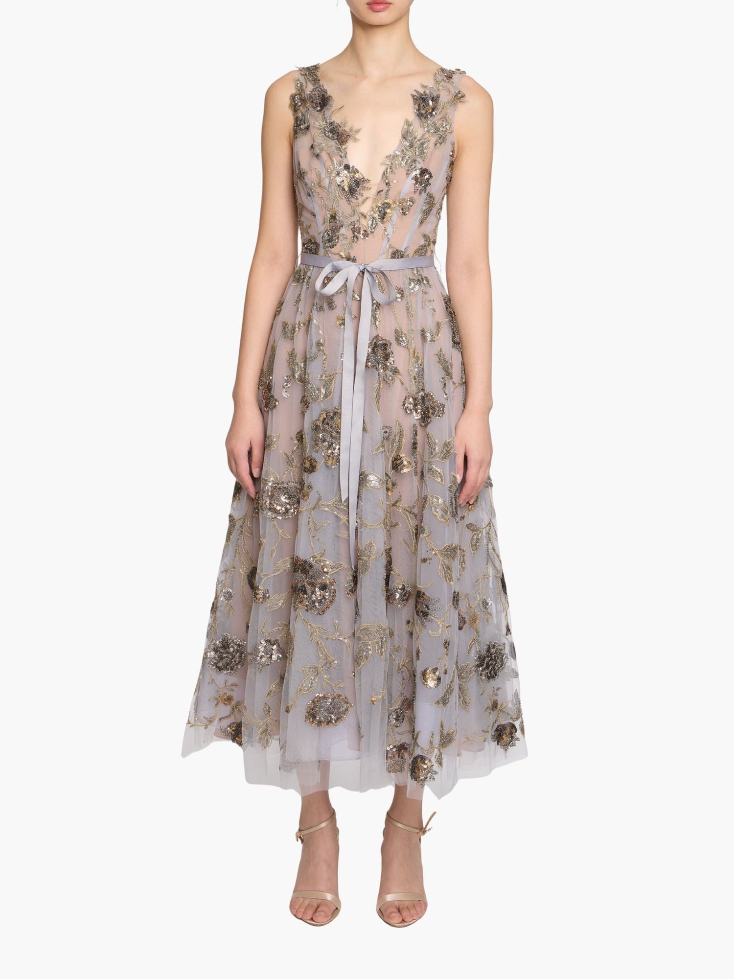 Illusion Murals Sleeveless Embroidered Tulle Midi Dress | Mixed Metals