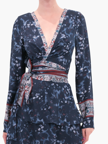 Belted Viscose Long Sleeve Wrap Mini Dress | Blue Multi