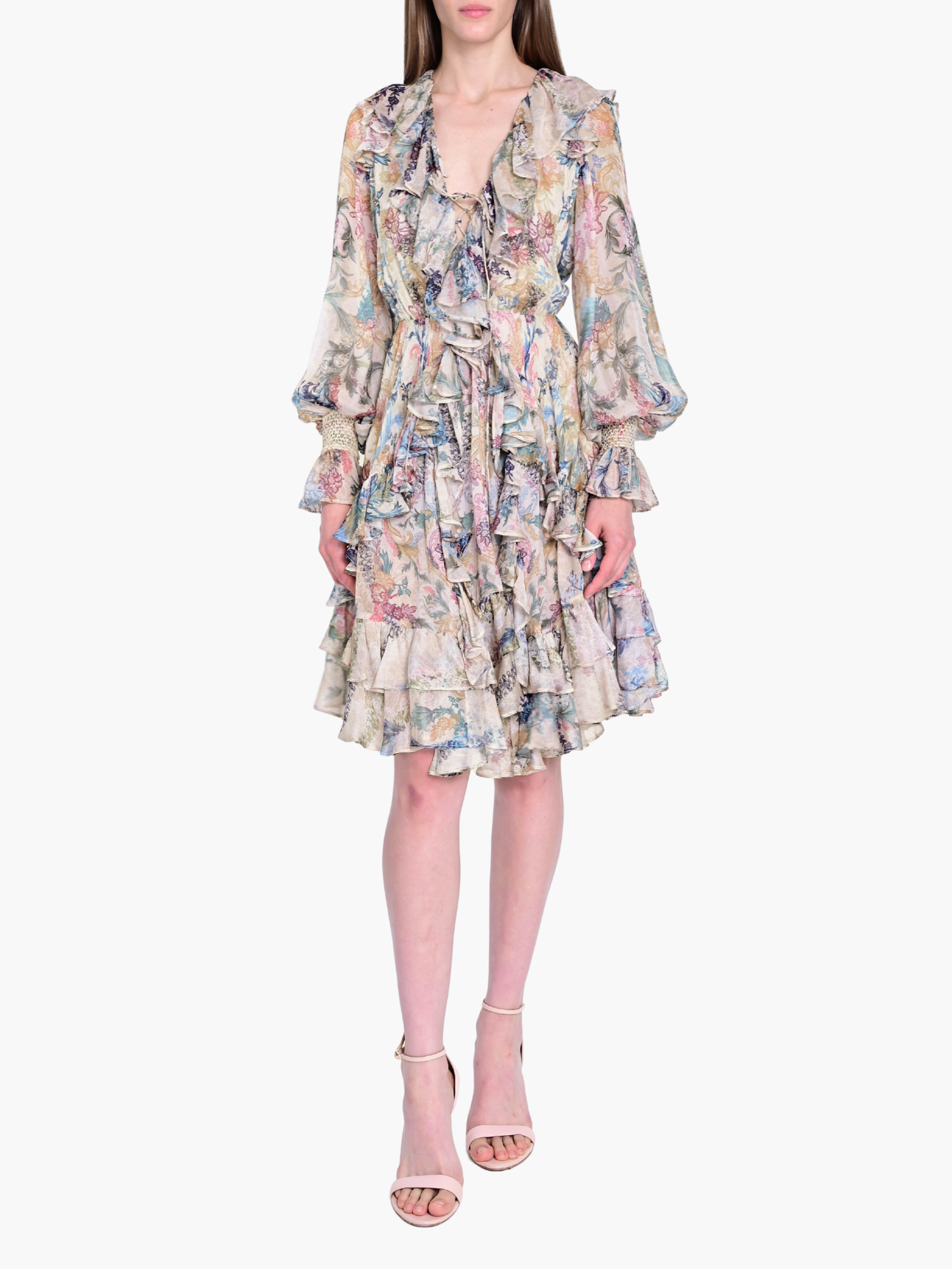 Reverie Bell Sleeve Ruffle Mini Dress | Stone Multi