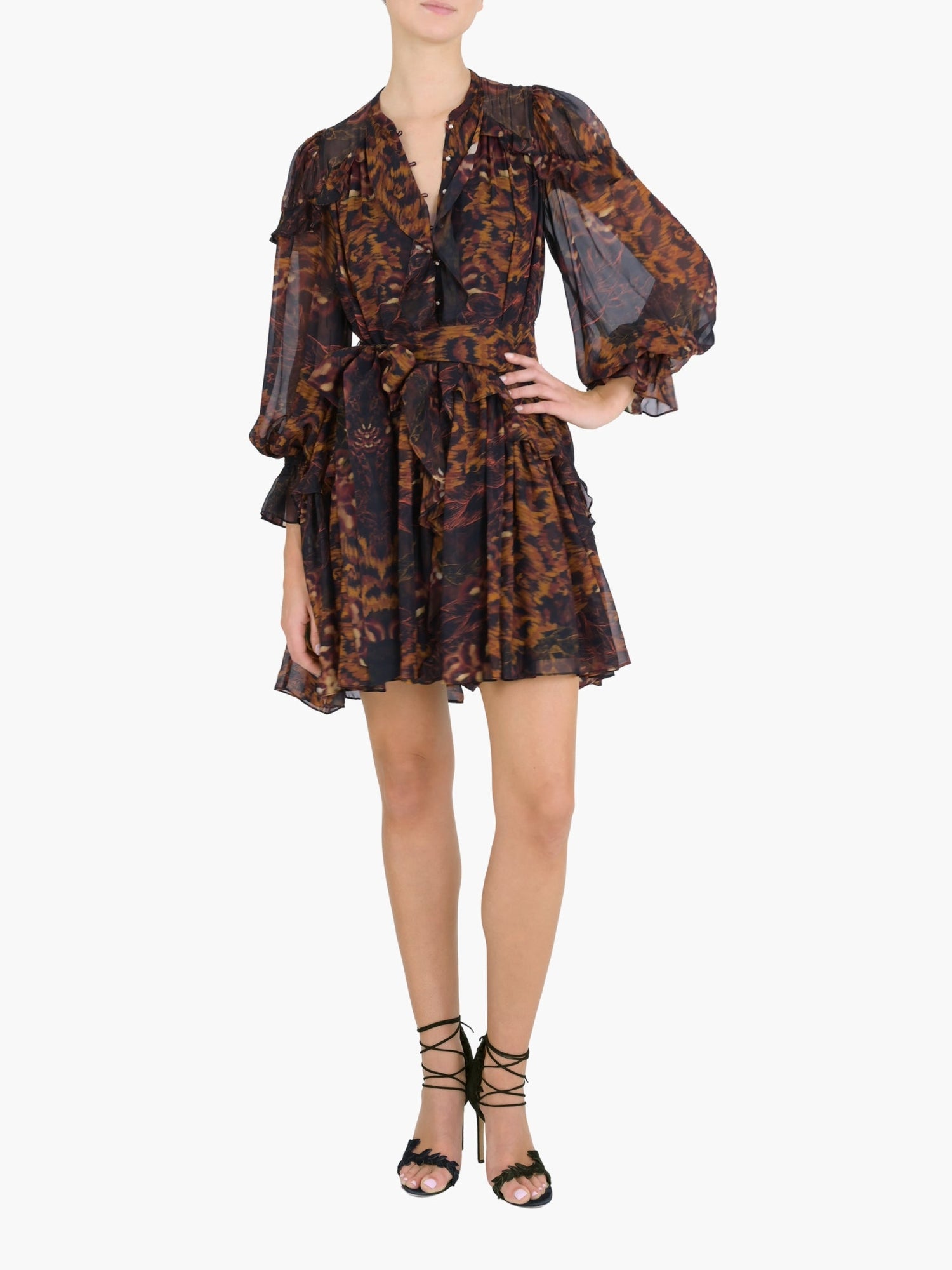 Braided Leopard Flounced Silk Chiffon Mini Dress | Black Multi