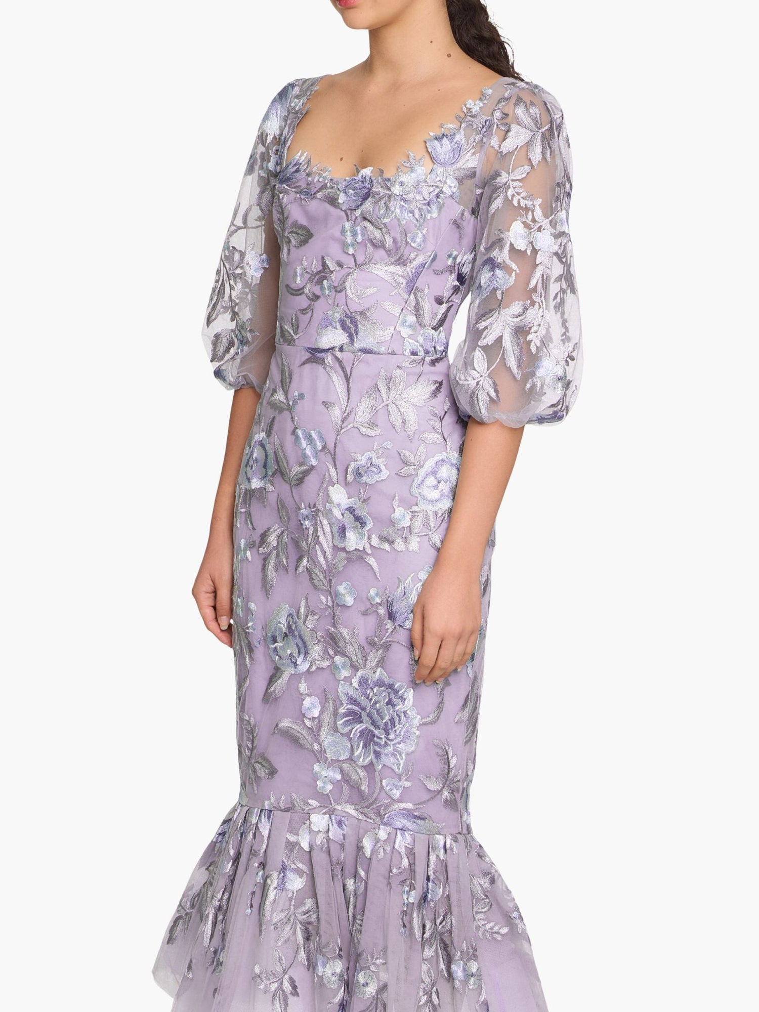 Botanist Bloom Embroidered Puff Sleeve Midi Dress | Lilac