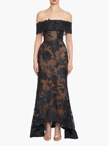 Leather Guipure Fitted Off Shoulder Hi-Lo Gown | Black