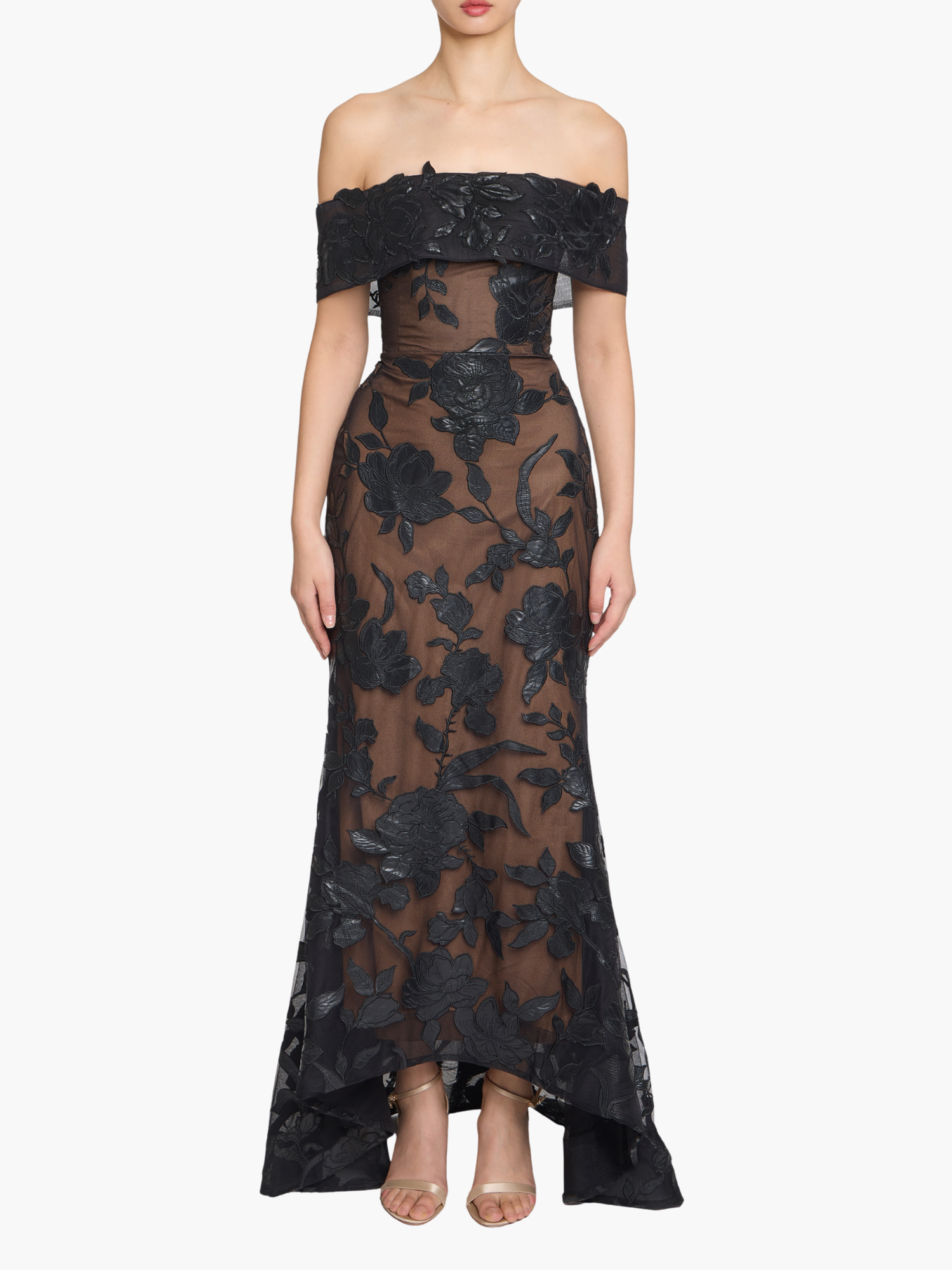 Leather Guipure Fitted Off Shoulder Hi-Lo Gown | Black