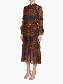 Braided Leopard Flounced Silk Chiffon Midi Dress | Brown Multi