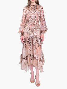 Reverie Belted Ruffle Midi Dress | Chocolate Multi