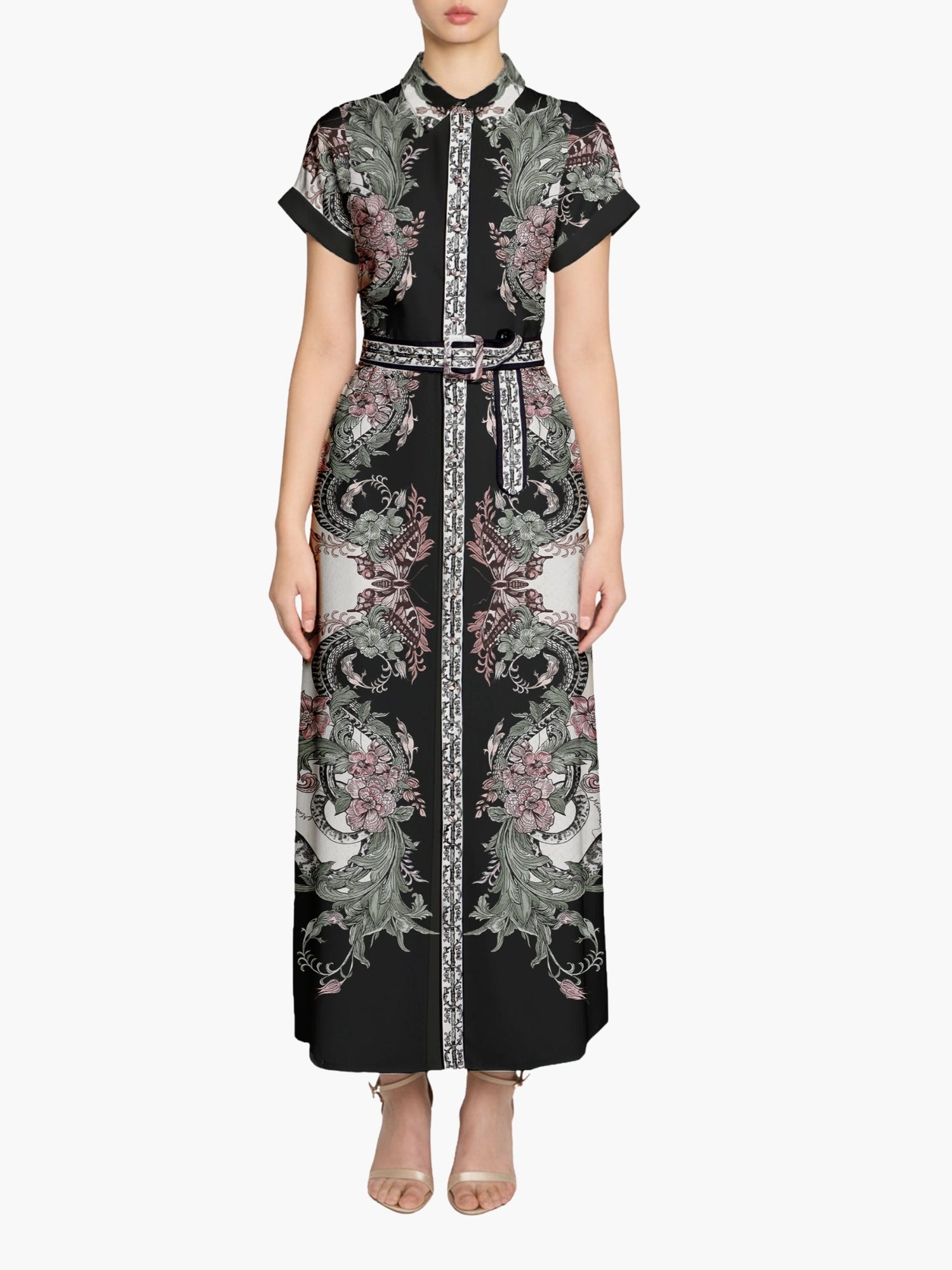 Garden of Eve Belted Twill Shirt Maxi Dress | Green Multi