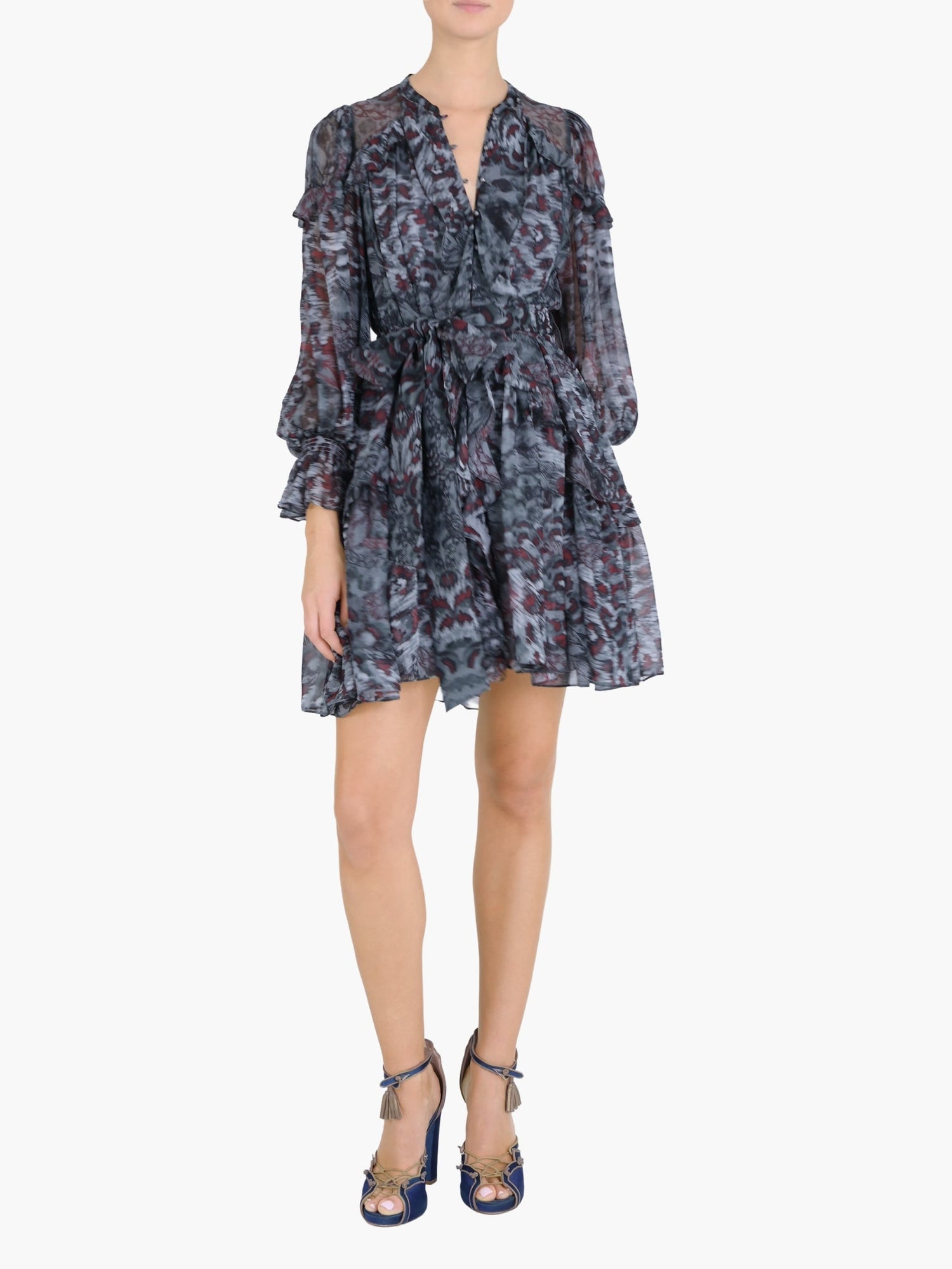 Braided Leopard Flounced Silk Chiffon Mini Dress | Brown Multi