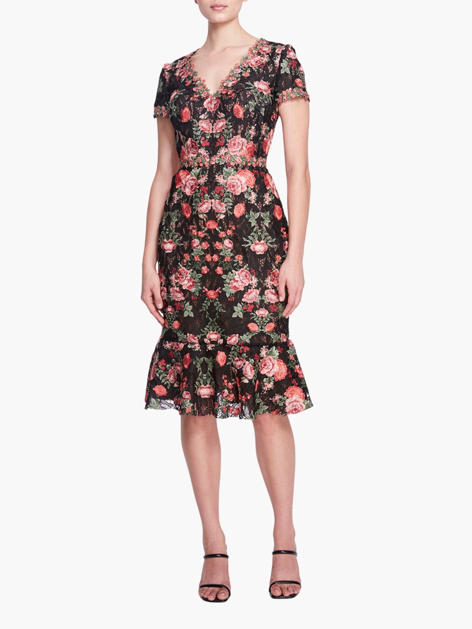 Embroidered Guipure V-neck Midi Cocktail Dress | Black/Red