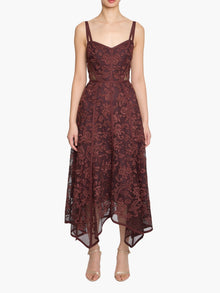 Victorian Corded Lace Ribbon Strap Handkerchief Hem Midi Dress | Brown