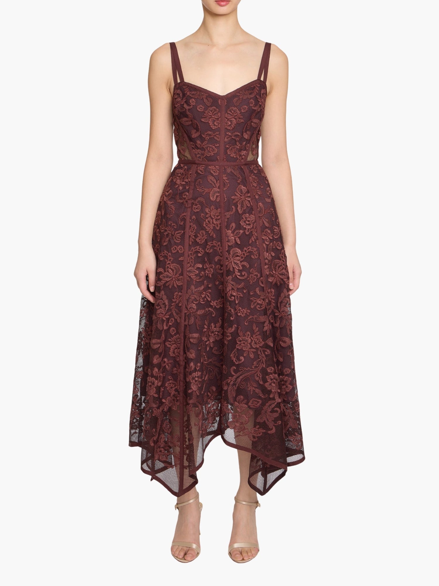 Victorian Corded Lace Ribbon Strap Handkerchief Hem Midi Dress | Brown