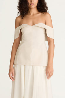 Cotton Sateen Draped Shoulder Top | Snow