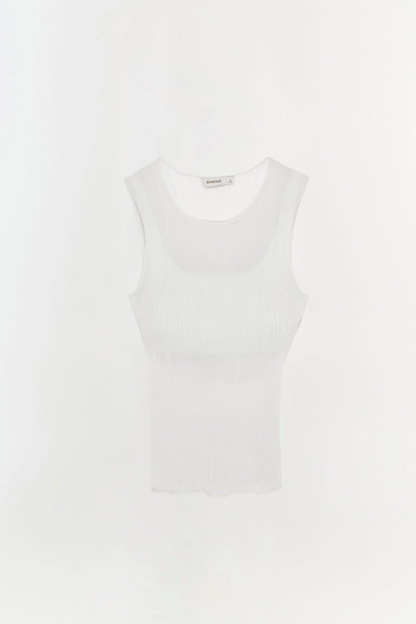 White ribbed sleeveless tank top with crew neckline and brand label at center neck.