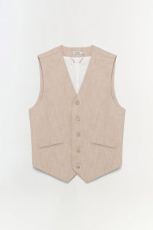 Beige linen vest with white interior lining, five buttons, and chest pockets displayed on neutral background.