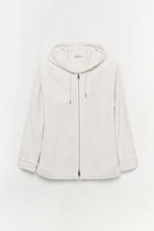 Cream-colored textured shirt jacket with hood, full-length zipper, and drawstring details.