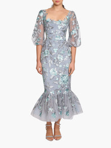 Botanist Bloom Embroidered Puff Sleeve Midi Dress | Mint
