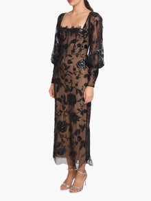 Illusion Murals Long Sleeve Corset Embellished Cocktail Maxi Dress | Black