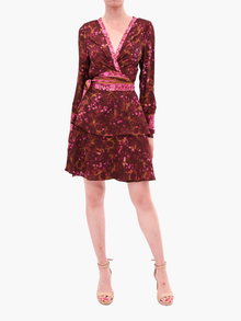 Belted Viscose Long Sleeve Wrap Mini Dress | Fuchsia Multi