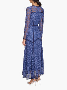 Victorian Corded Lace Deep V Button Maxi Dress | Blue