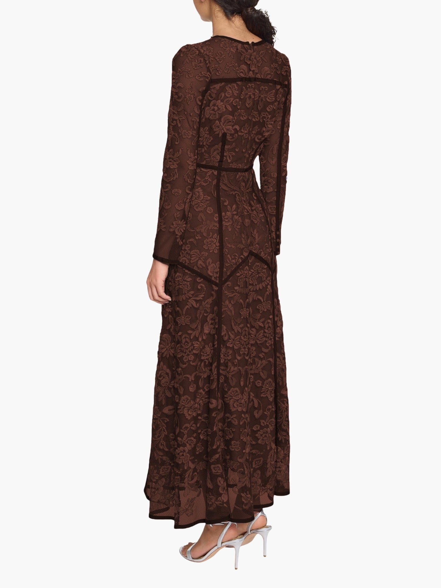 Victorian Corded Lace Deep V Button Maxi Dress | Brown