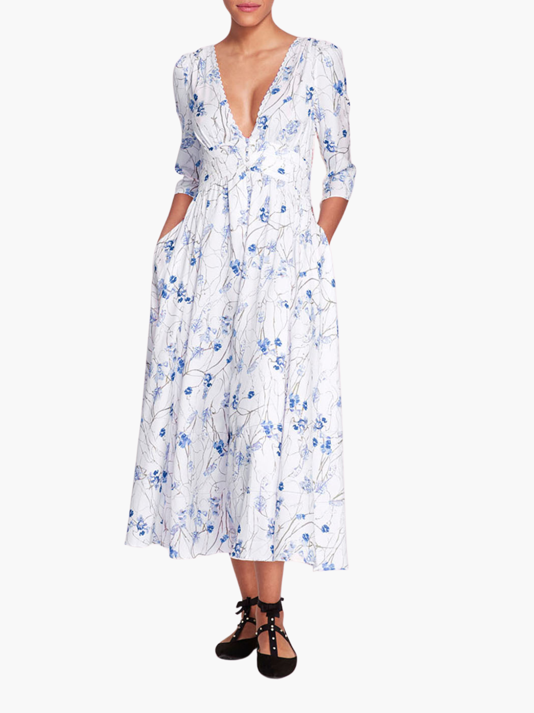 Vintage Carnation Sateen Midi Dress | Ivory Blue