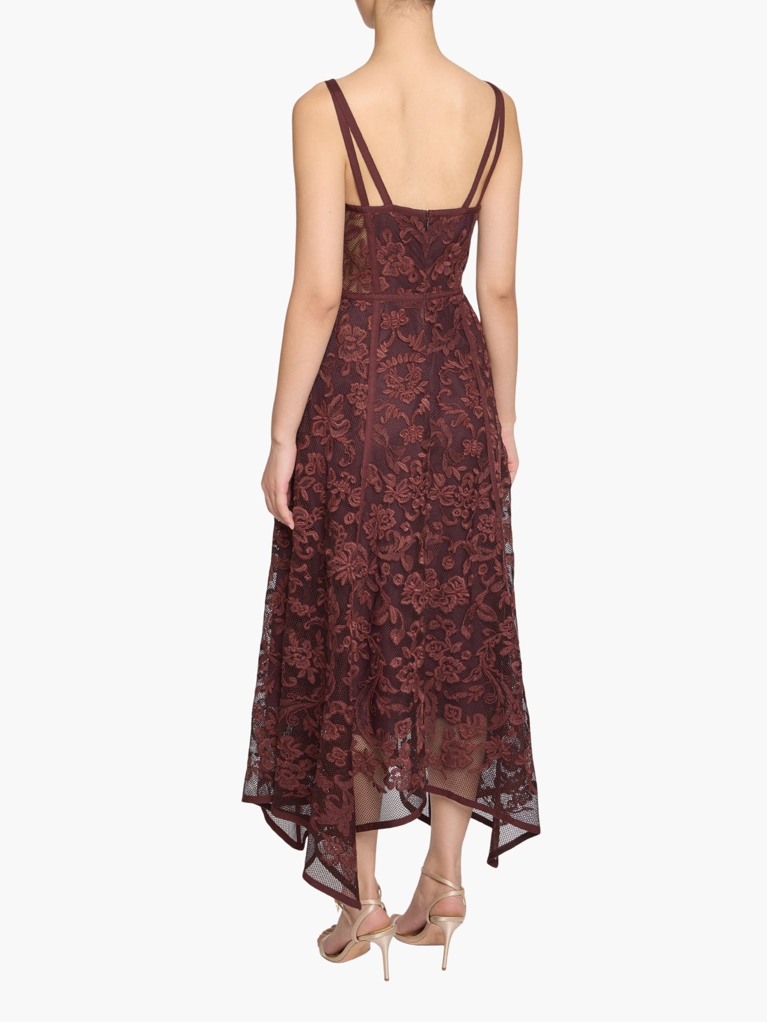Victorian Corded Lace Ribbon Strap Handkerchief Hem Midi Dress | Brown