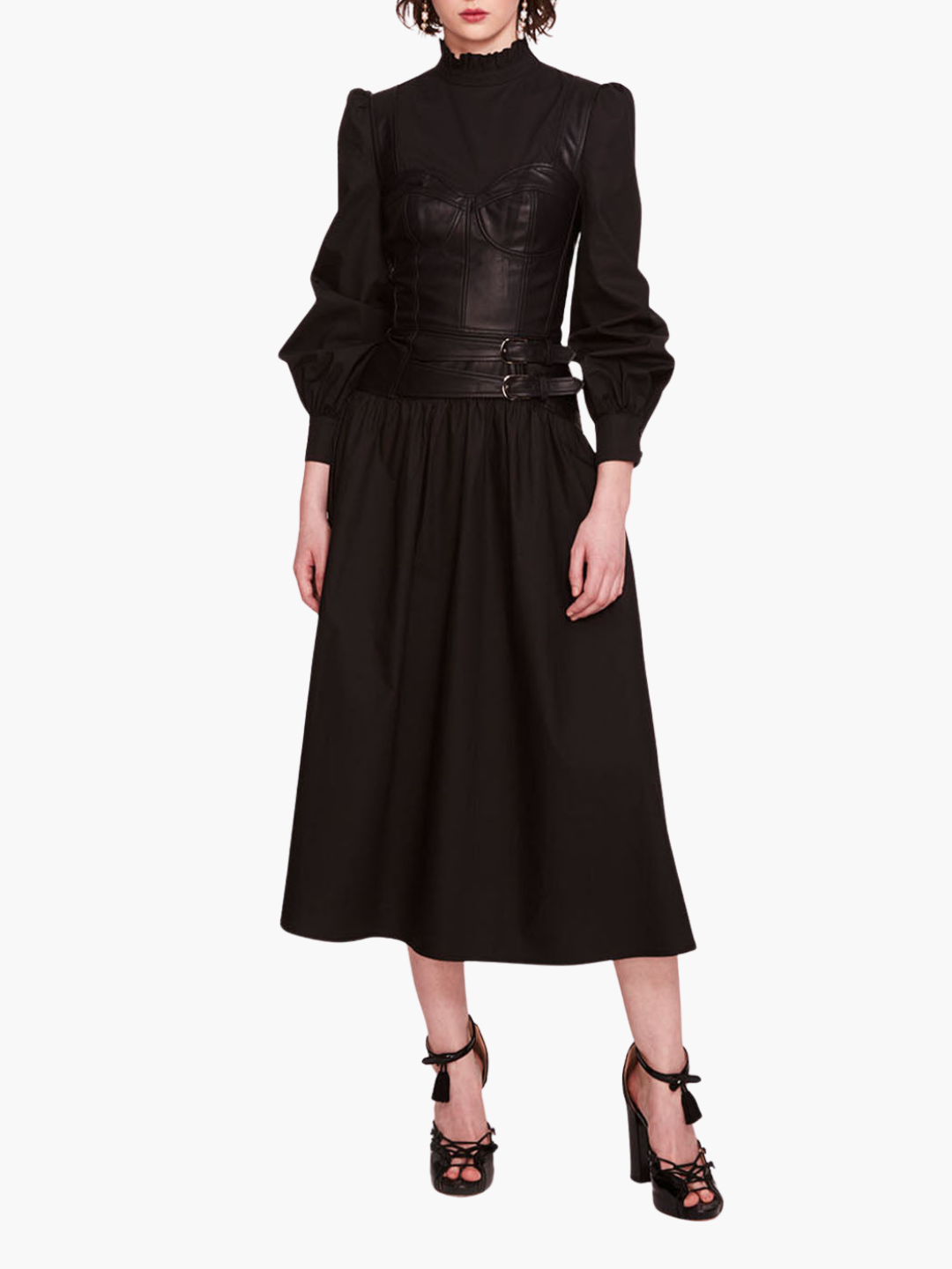Faux Leather Poplin Corset Midi Dress | Black