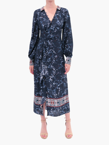Viscose Long Sleeve Wrap Midi Shirtdress | Blue Multi