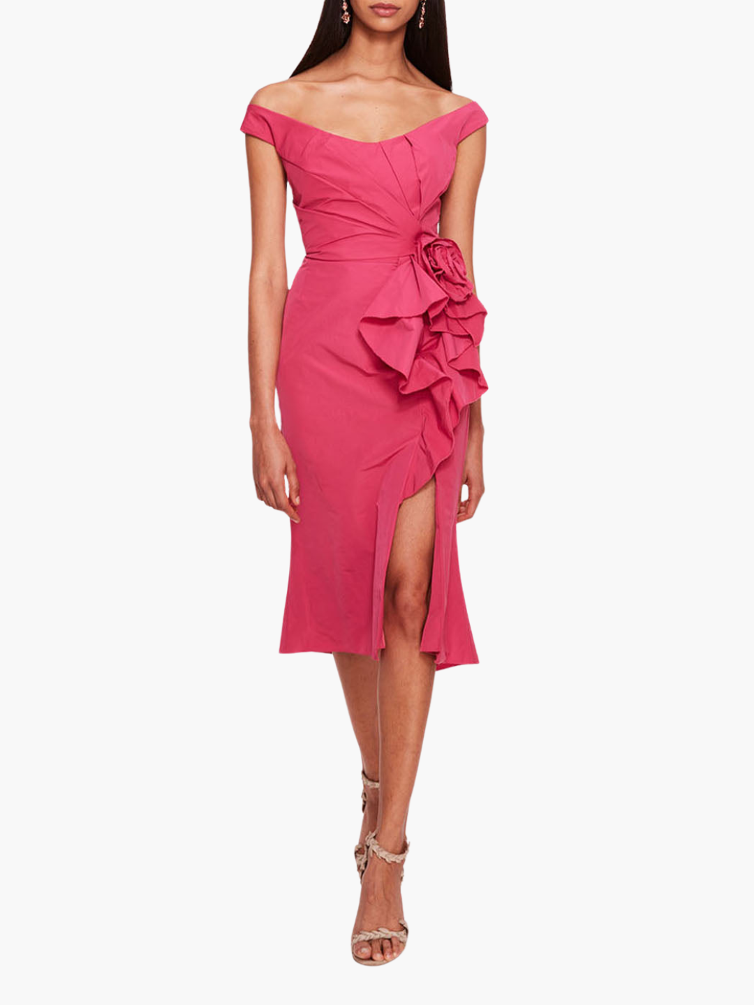 Taffeta Trumpet Midi Dress | Fuchsia