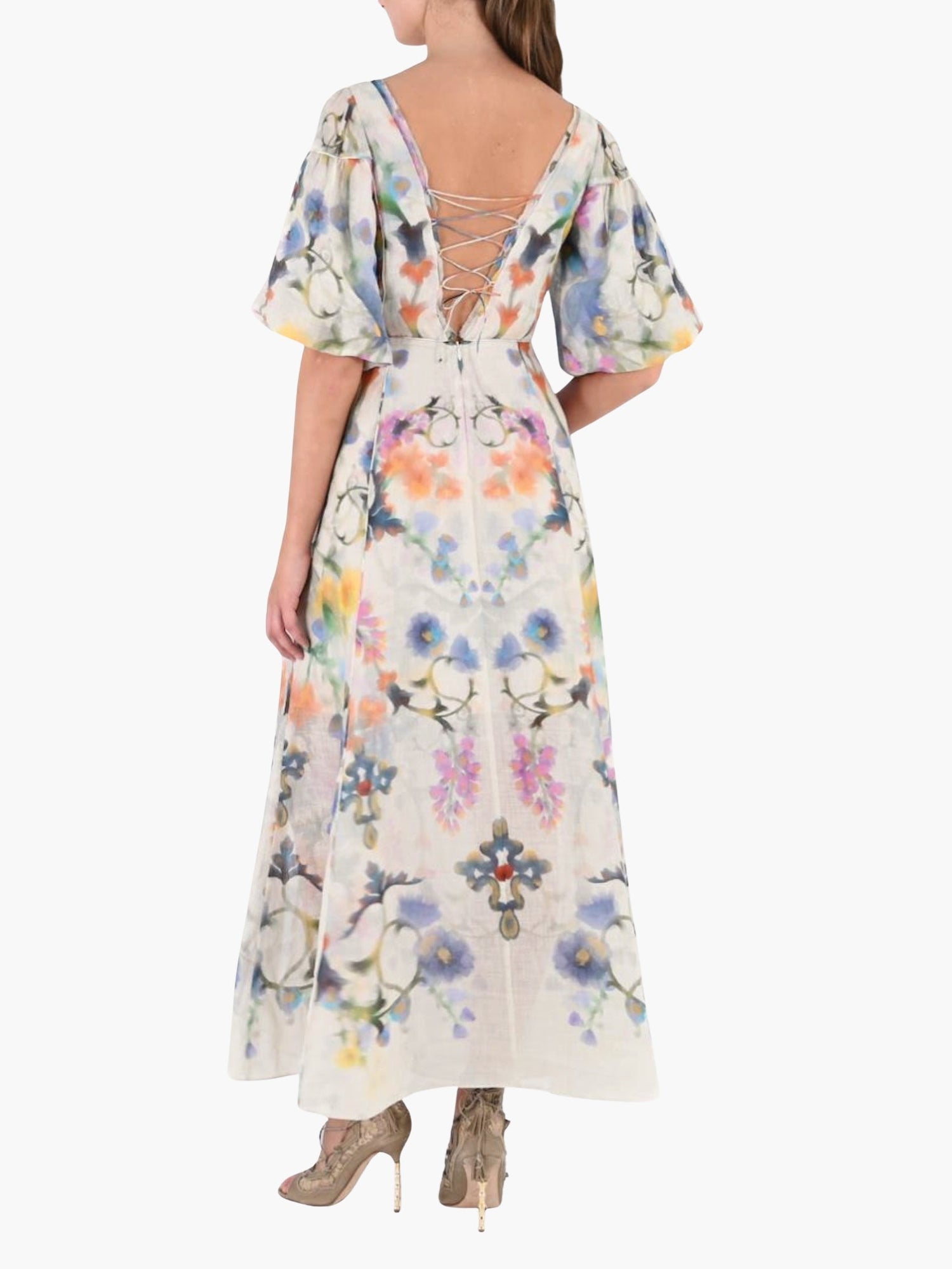 Ramie Puff Sleeve Maxi Dress | Cream Multi