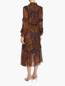 Braided Leopard Flounced Silk Chiffon Midi Dress | Brown Multi