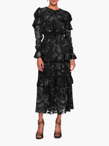 Diantha Dress Ruffle Burnout Satin Midi Dress | Black