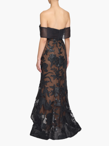 Leather Guipure Fitted Off Shoulder Hi-Lo Gown | Black