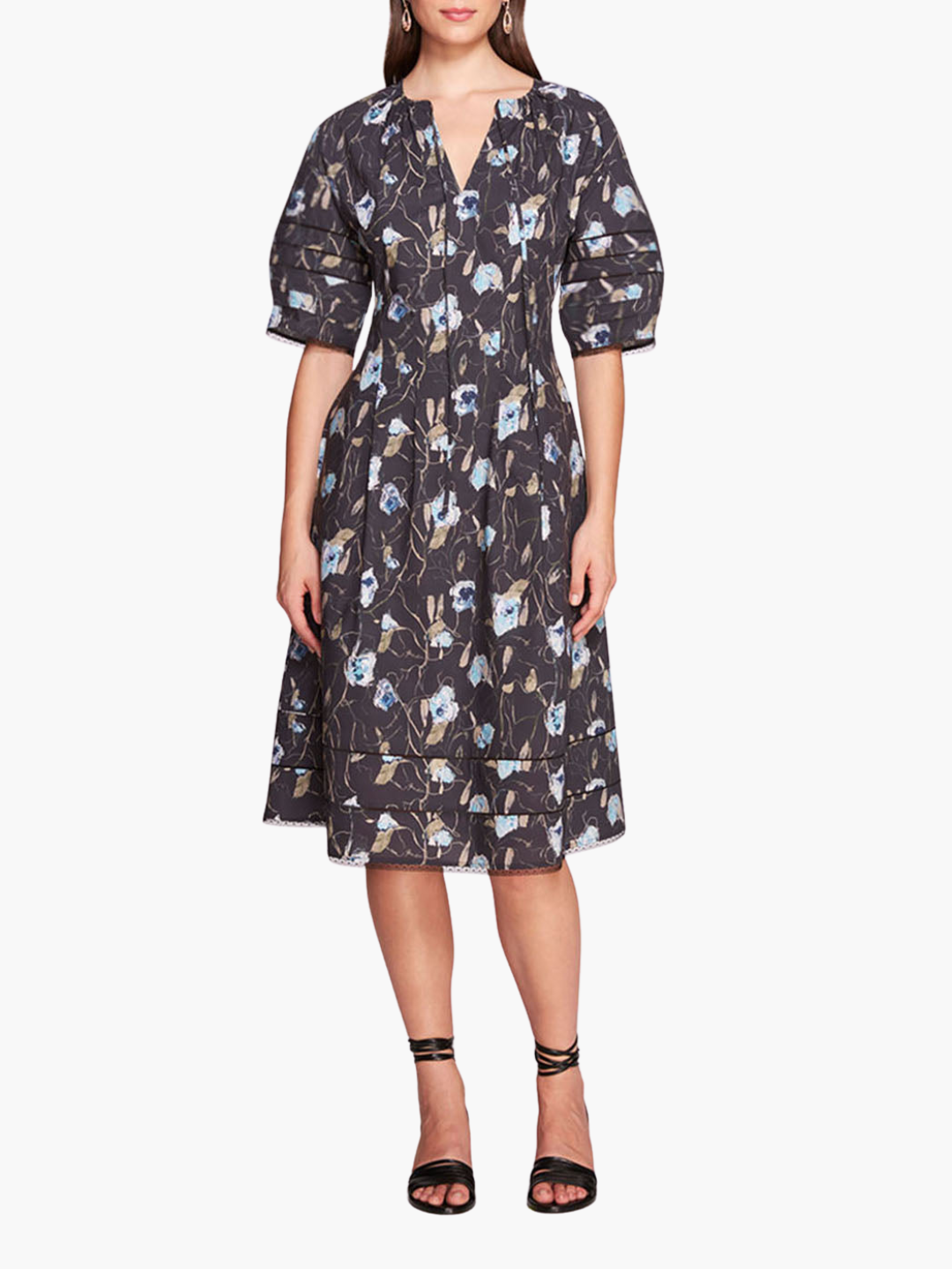 Vintage Aster Floral Print & Lace Midi | Black Blue